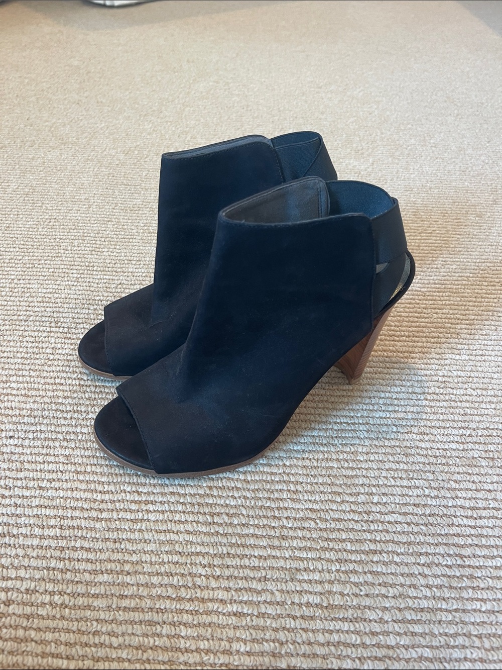 Stuart Weitzman Black Suede Peep-Toe Heel Booties